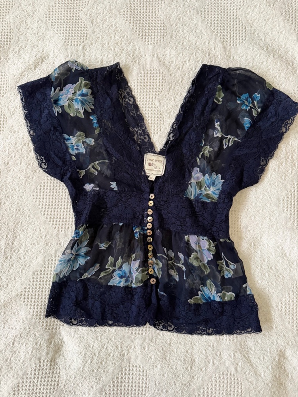 Pink Rose Navy Floral Lace-Trim Button Front Blouse